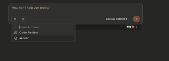 "Image shows the Claude Desktop Application menu with the previous 'Add from MCPSDK' option selected and the menu updated to show 'server' and 'Code Review' options"